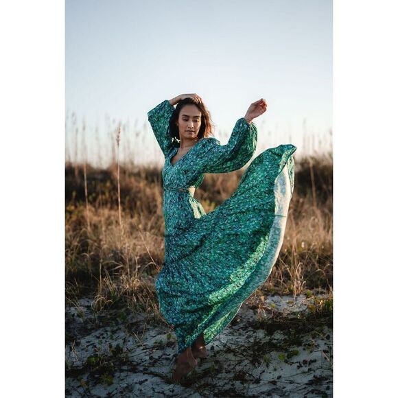 Kivari Acacia Long Sleeve Maxi Dress- Blue Ditzy Spring summer Dress size 4 NWT - Picture 1 of 8